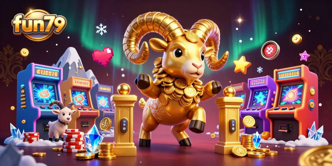Experience fun79's vibrant casino adventure as a golden ram charges through a dynamic gaming world.