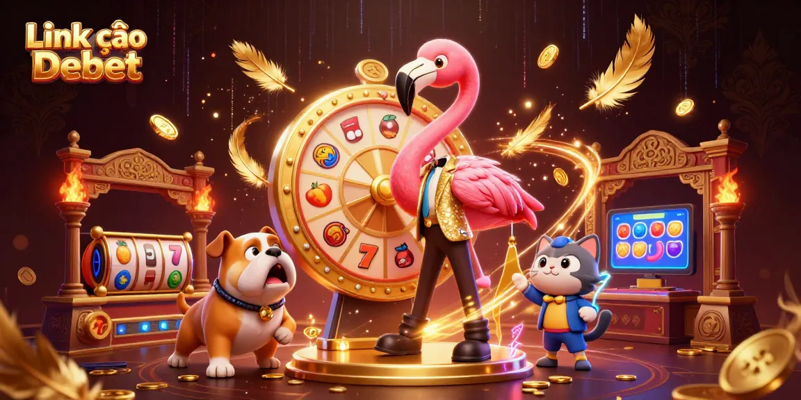 Try your luck and spin the golden prize wheel at Link vào Debet with vibrant casino characters!