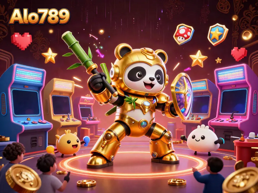 Experience intense battles at Alo789 with golden pandas and dynamic game elements in a vibrant arena.