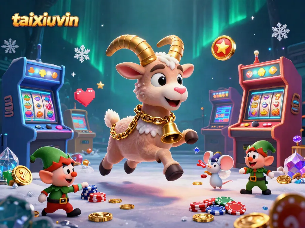 Engage with taixiuvin's festive casino scene featuring a Krampus goat, angel mouse, and gremlins.