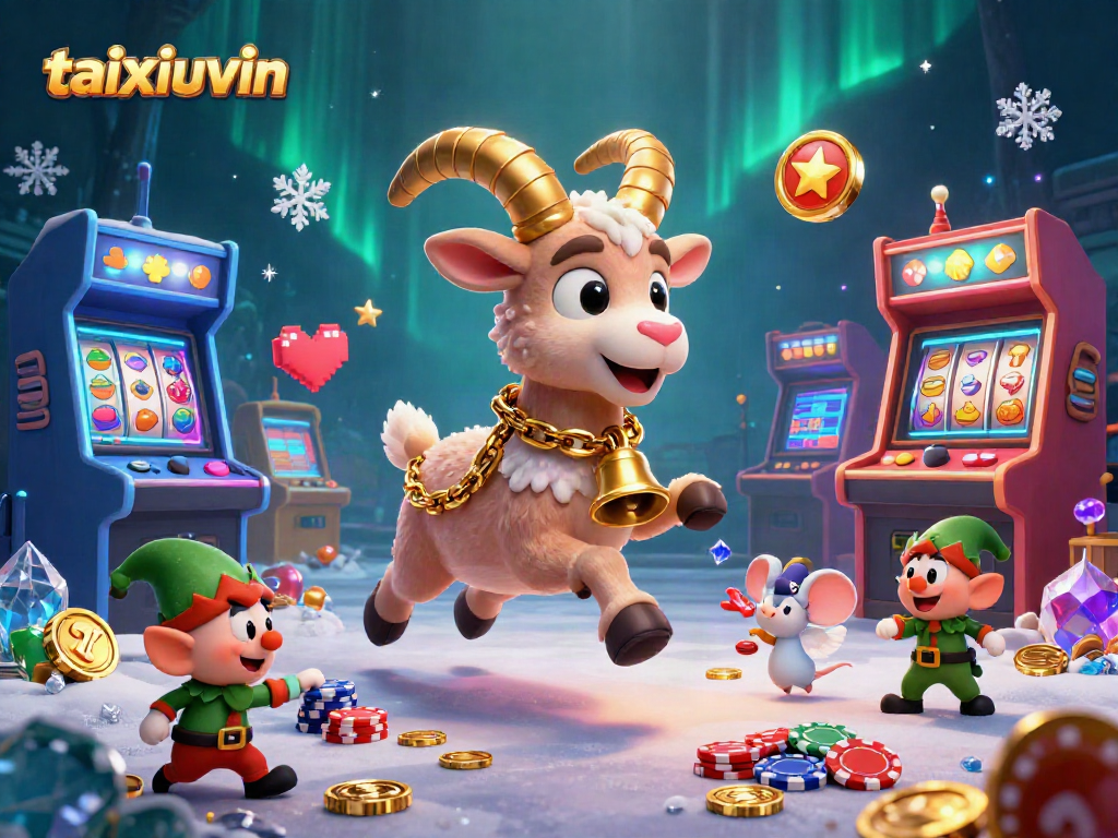 Engage with taixiuvin's festive casino scene featuring a Krampus goat, angel mouse, and gremlins.