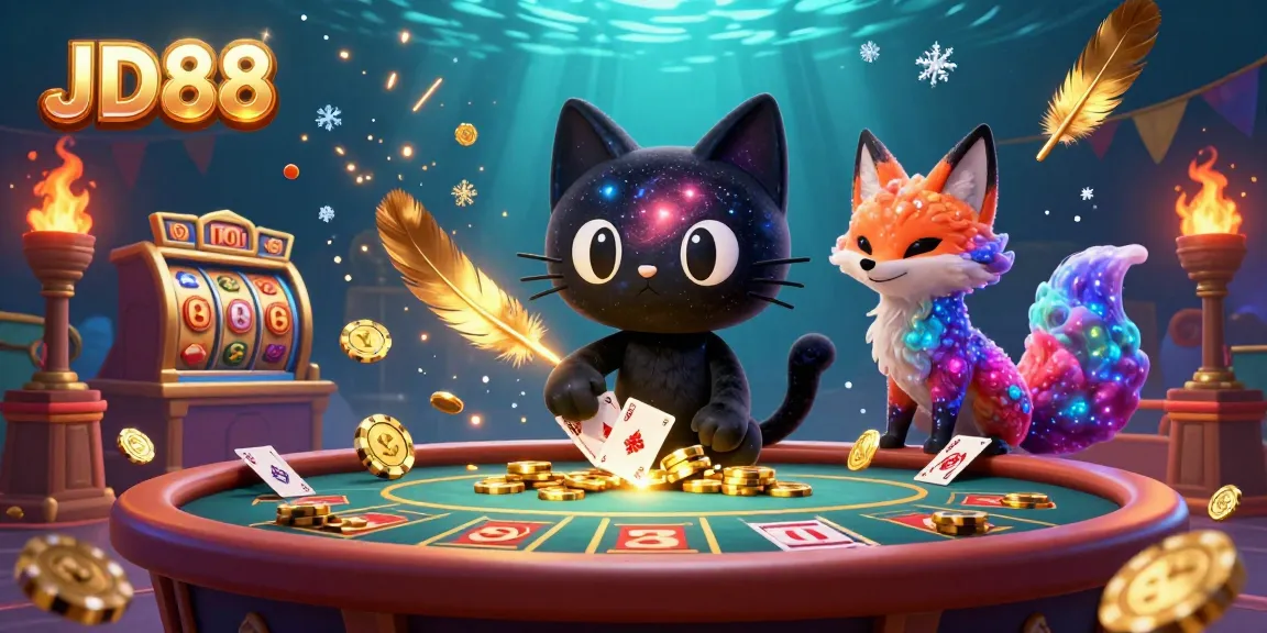 Experience JD88's captivating casino atmosphere with a cosmic black hole cat and nebula fox, pulling in gaming treasures.