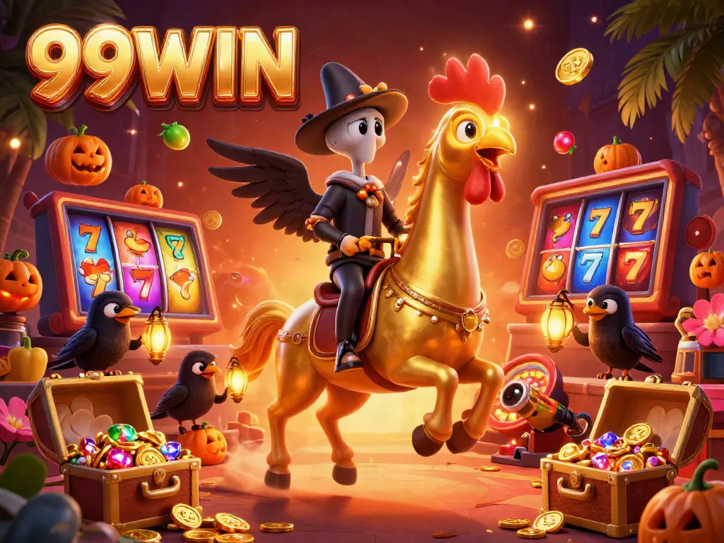 Engage with 99WIN at a vibrant casino scene featuring a golden rooster and treasure-filled slot reels.