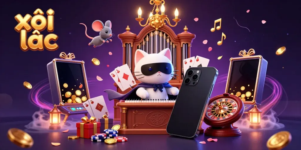 Engage in thrilling gaming with xôi lạc at this vibrant 3D casino scene featuring dynamic characters and games.
