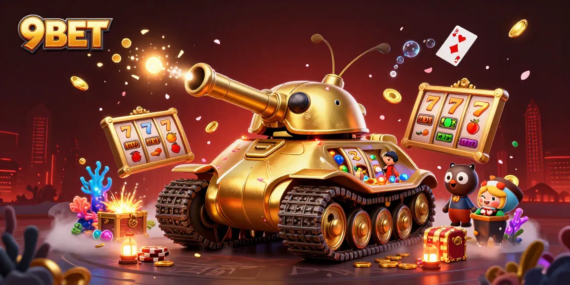 Engage with 9BET's vibrant casino action, featuring a golden beetle tank and dynamic game elements.