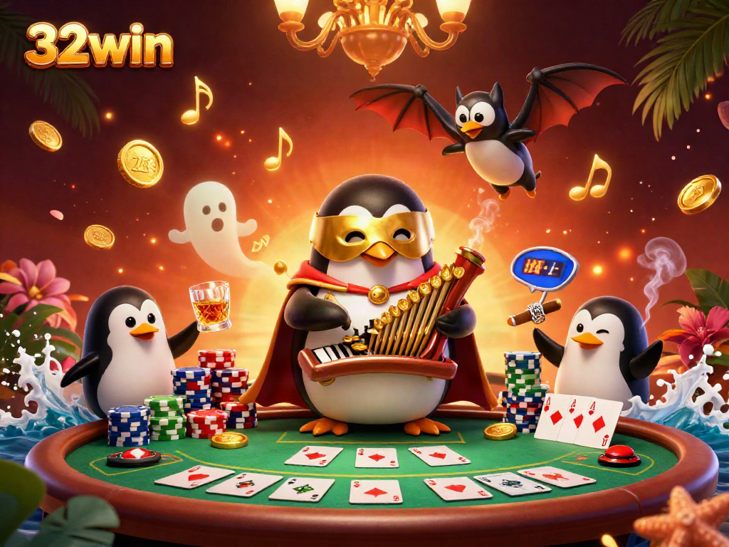 Experience thrilling gambling at 32win with a captivating scene featuring a penguin organist and colorful poker props.