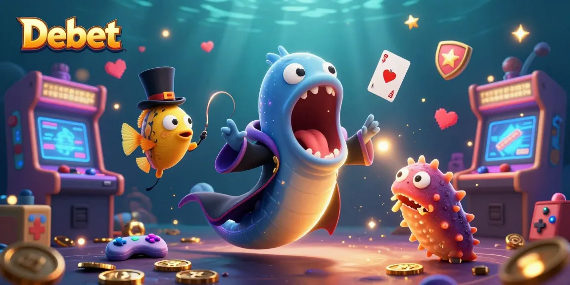 Engage with Debet through a vibrant casino-themed 3D illustration featuring playful sea creatures.