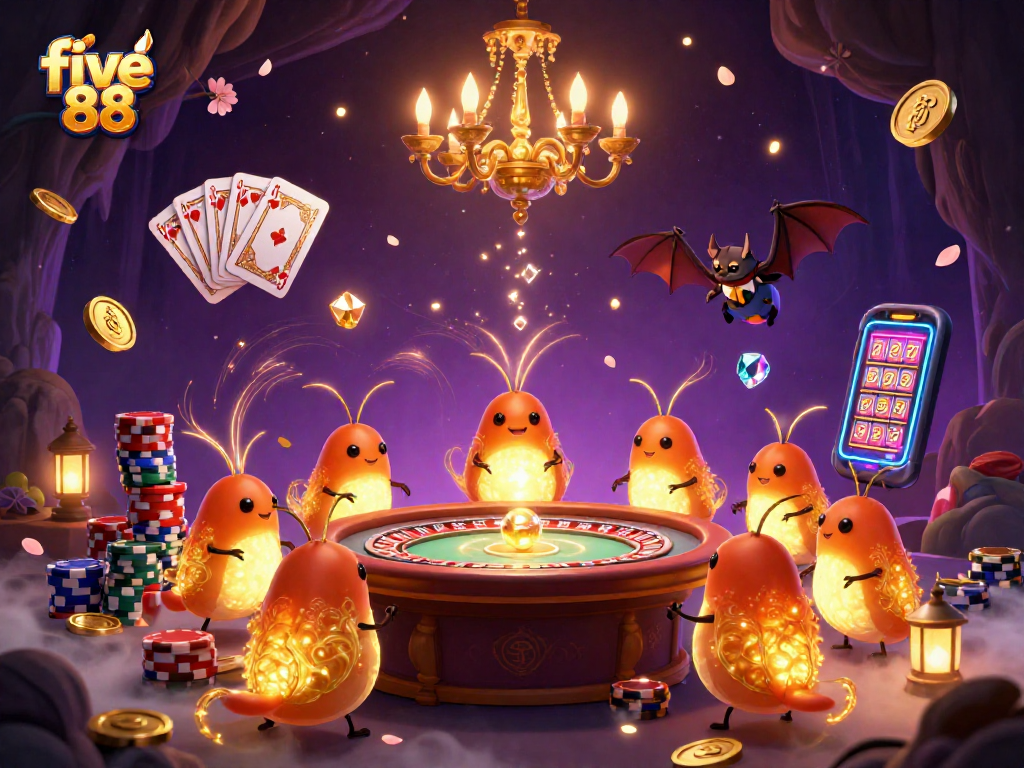 Experience thrilling gameplay at five 88 with vibrant glowworms lighting a cave casino filled with exciting gaming elements.