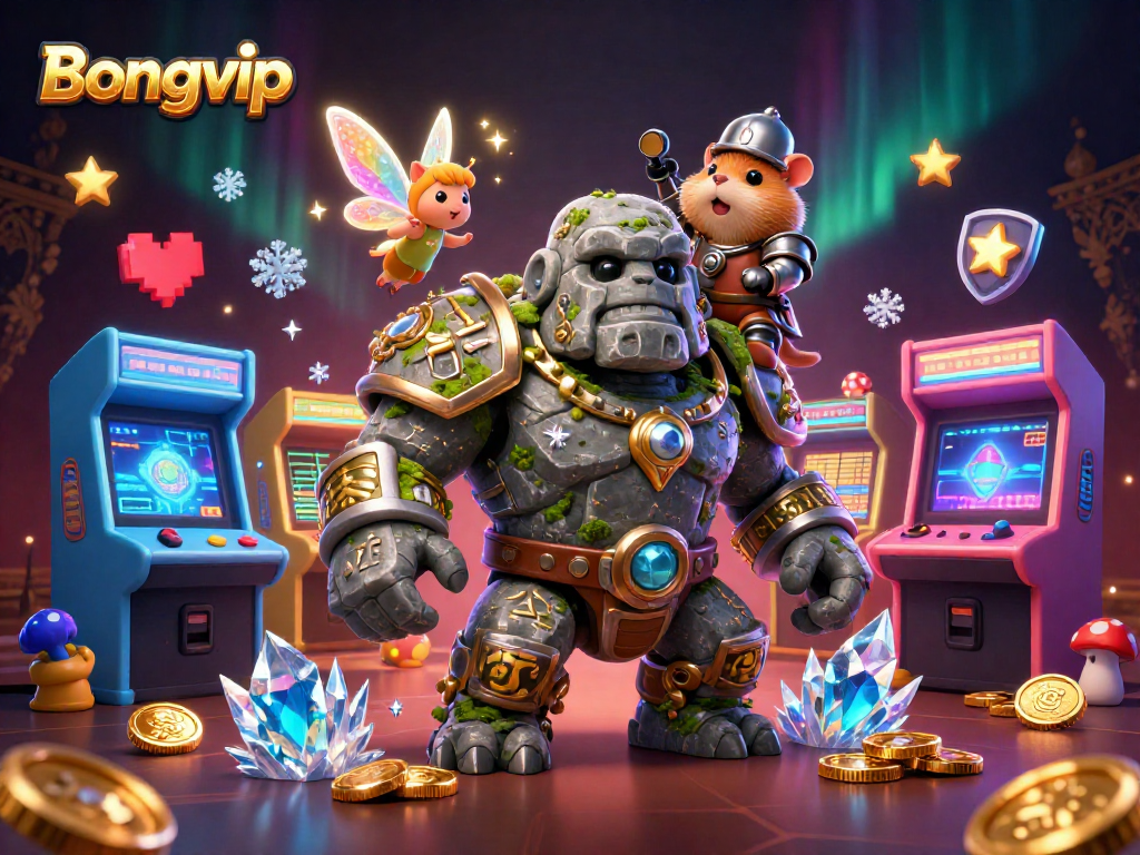 Bongvip features a magical golem, knight, and fairy amidst dynamic casino game elements.