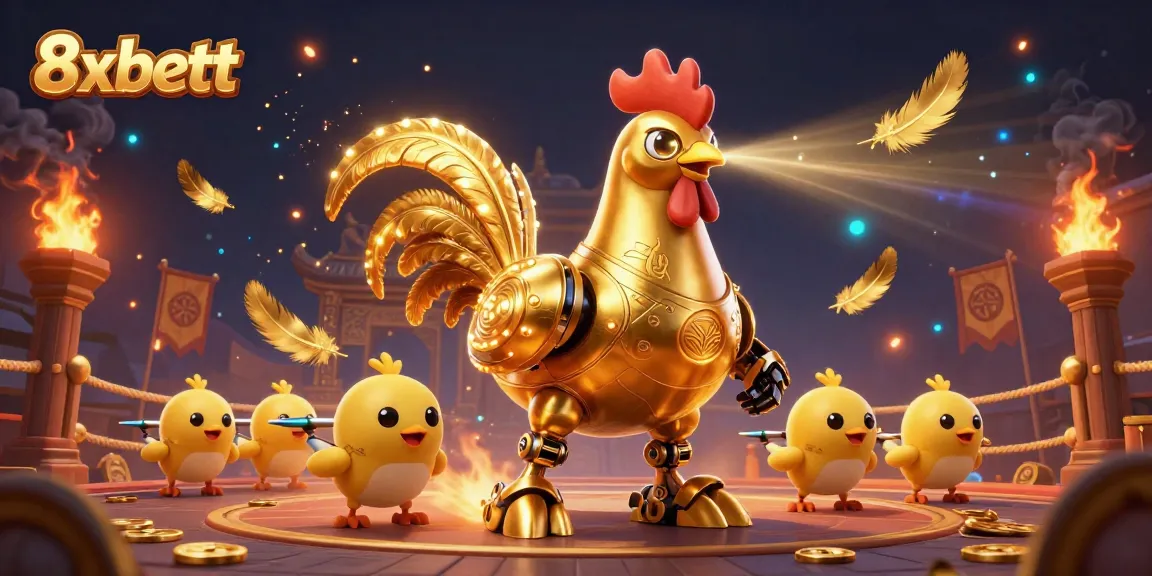 Engage with the 8xbett golden rooster robot in a vibrant casino scene full of action and excitement.