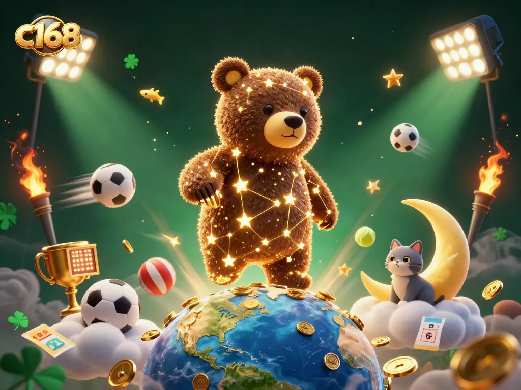 Engage with c168's vibrant gaming atmosphere featuring a constellation bear, coins, and dynamic sports elements.