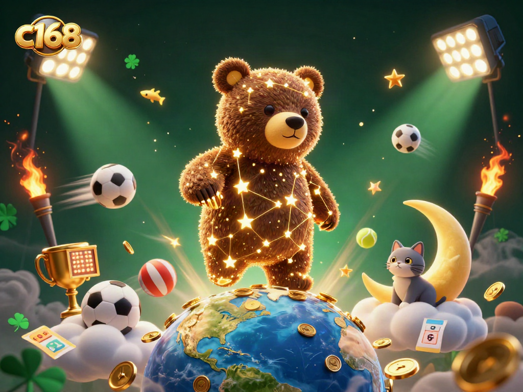Engage with c168's vibrant gaming atmosphere featuring a constellation bear, coins, and dynamic sports elements.
