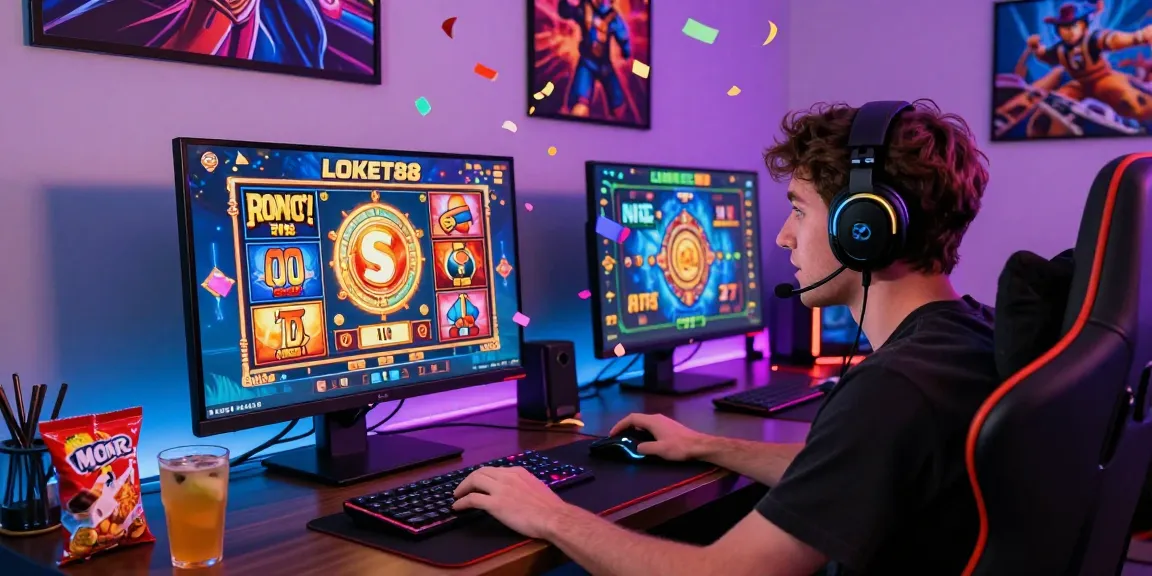 Engaging moment with a player enjoying LOKET88 slot games in a colorful gaming setup, showcasing dynamic graphics and excitement.