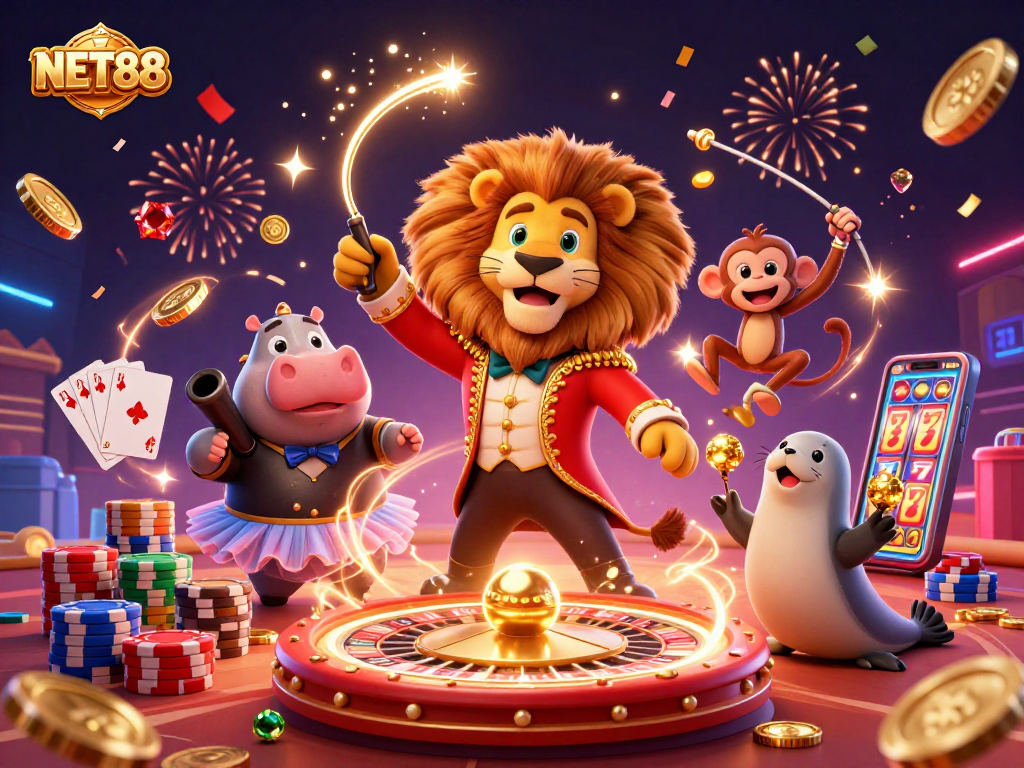 Experience thrilling games with NET88 featuring circus characters in a vibrant casino scene.