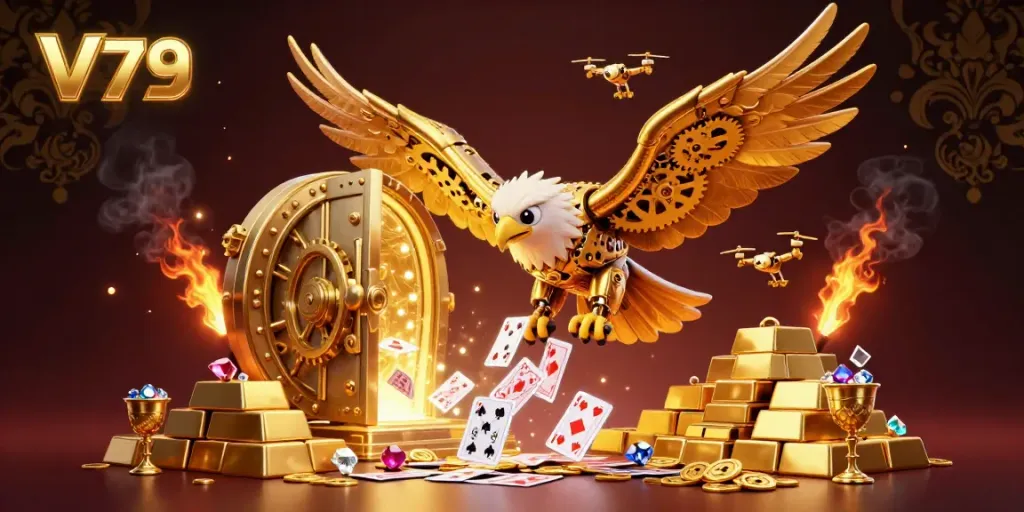 Experience thrilling gaming at V79 with a cybernetic eagle amidst cascading holographic cards and golden treasures.