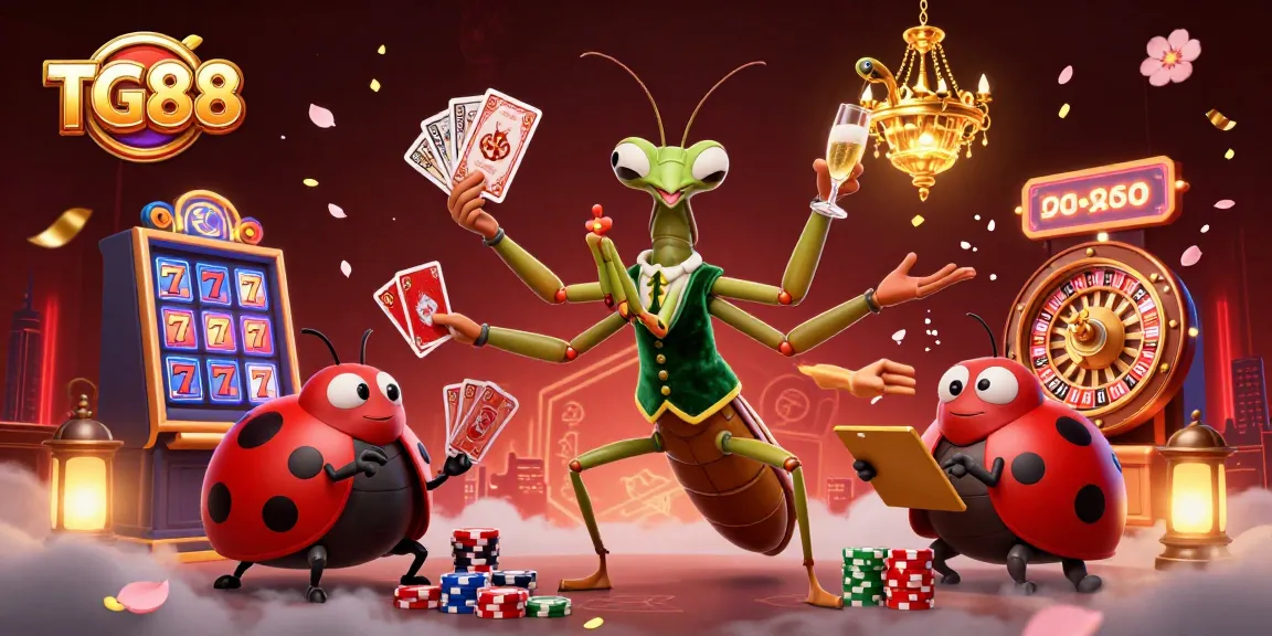 TG88 showcases a vibrant casino scene with a giant mantis card sharp and ladybug pit boss immersed in gaming excitement.