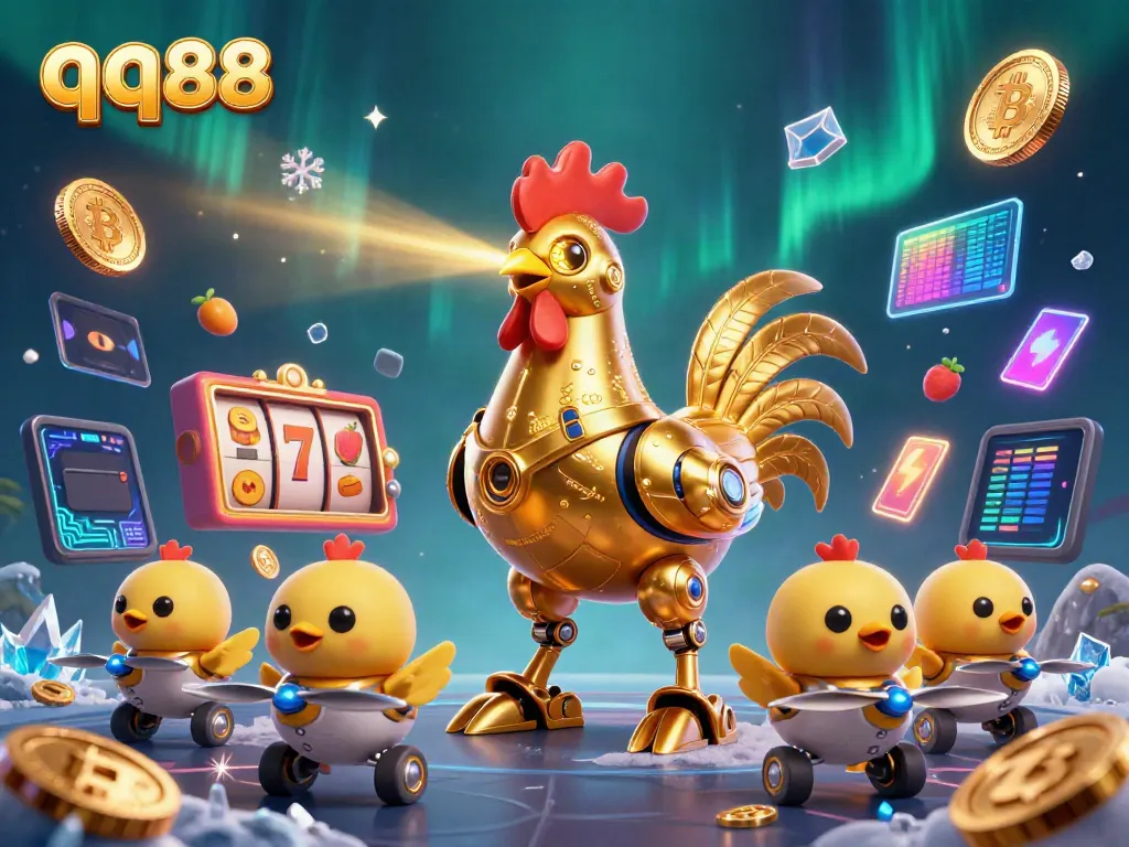 Experience the lively world of qq88 with a futuristic golden rooster robot and baby drone chicks amidst vibrant casino game elements.