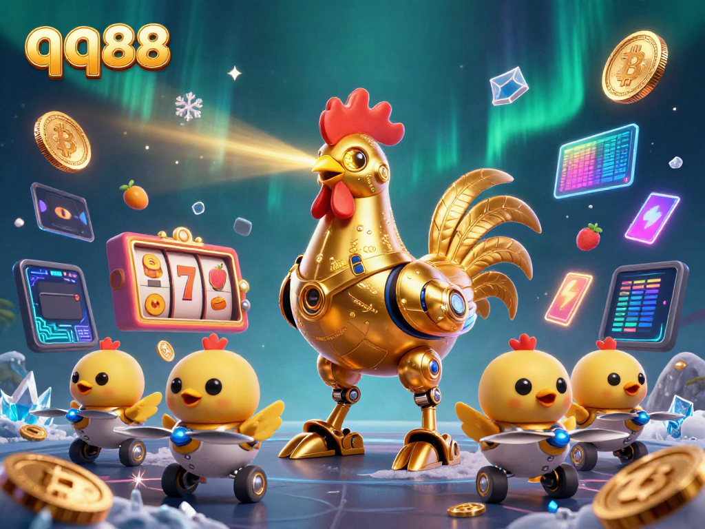 Experience the lively world of qq88 with a futuristic golden rooster robot and baby drone chicks amidst vibrant casino game elements.