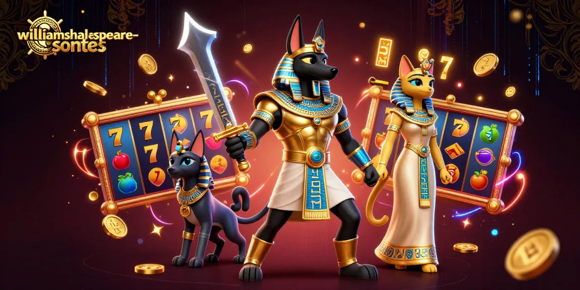 Experience thrilling wins with williamshakespeare-sonnets in this dynamic casino scene featuring Anubis and Bastet amidst slot reels.