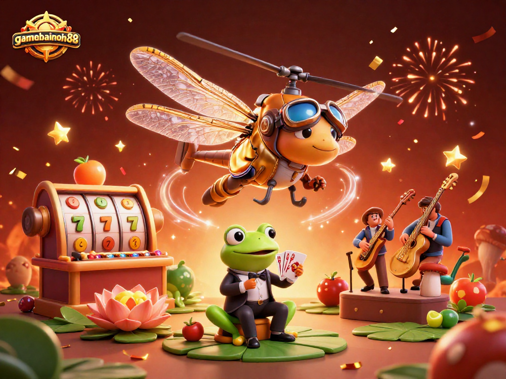 Experience thrilling excitement at gamebainohu88 with a lively casino scene featuring a dragonfly pilot and charming frog croupier.