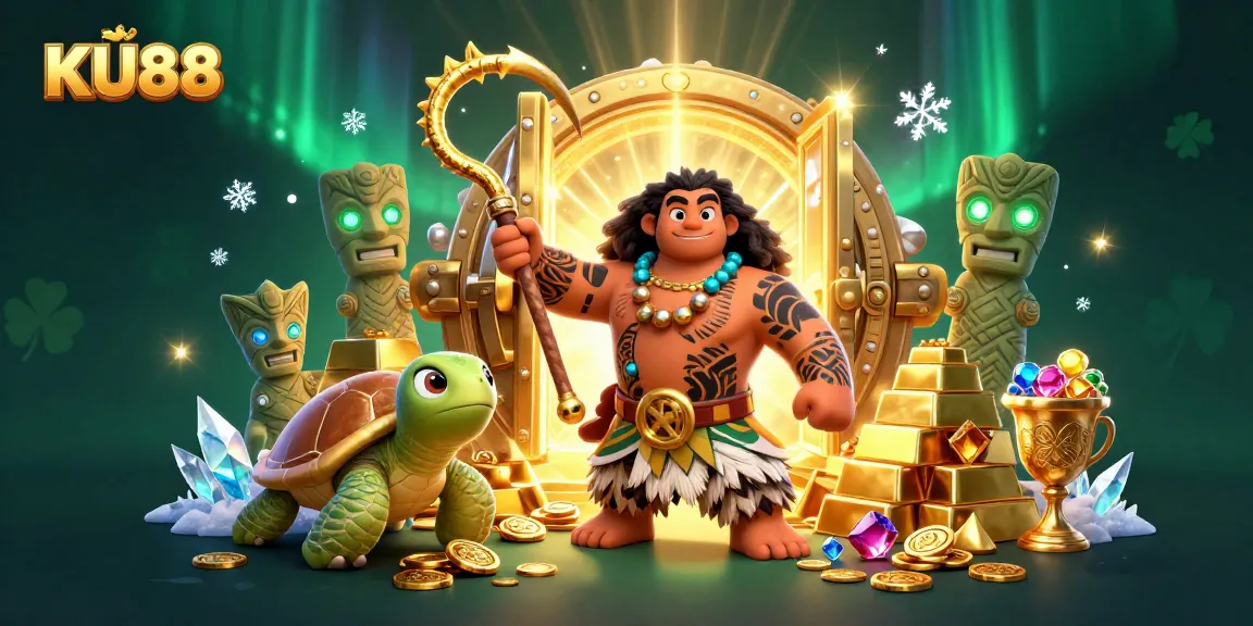 Experience exciting KU88 gaming with our vibrant 3D illustration showcasing treasures and fun!