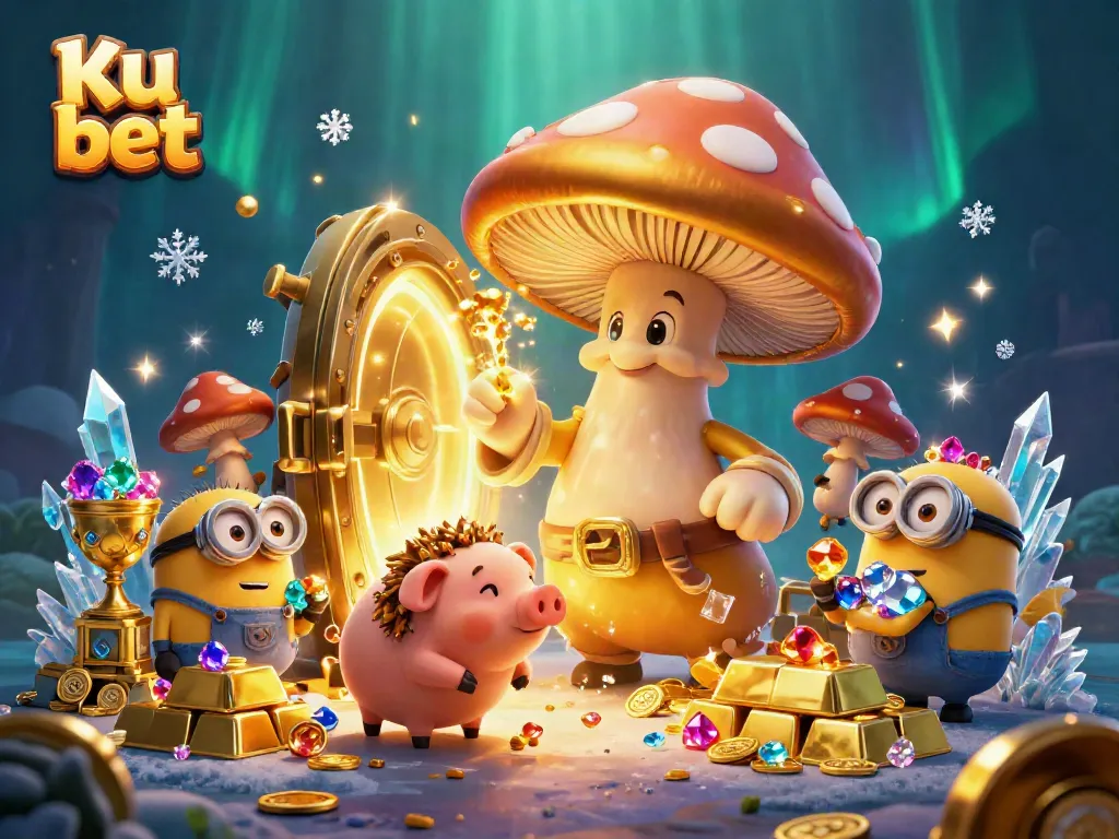 Experience the magic of Ku bet with a whimsical golden mushroom wizard and treasure in this vibrant casino illustration.