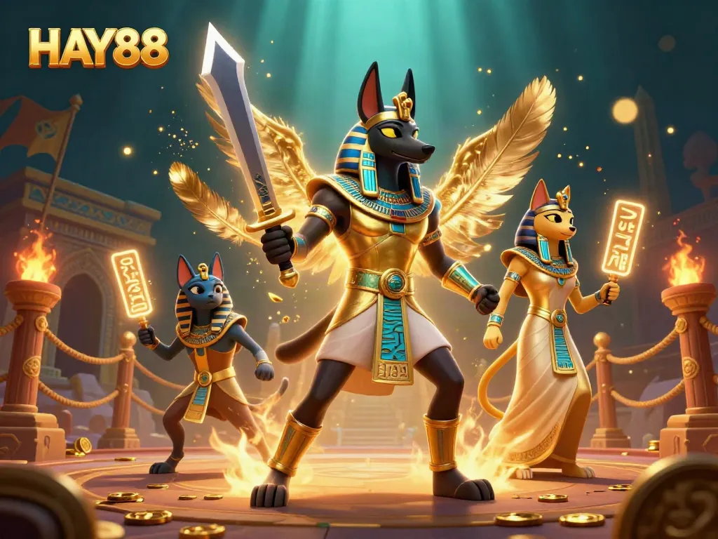 Engage in thrilling HAY88 gaming with Anubis and Bastet in a vibrant casino arena.