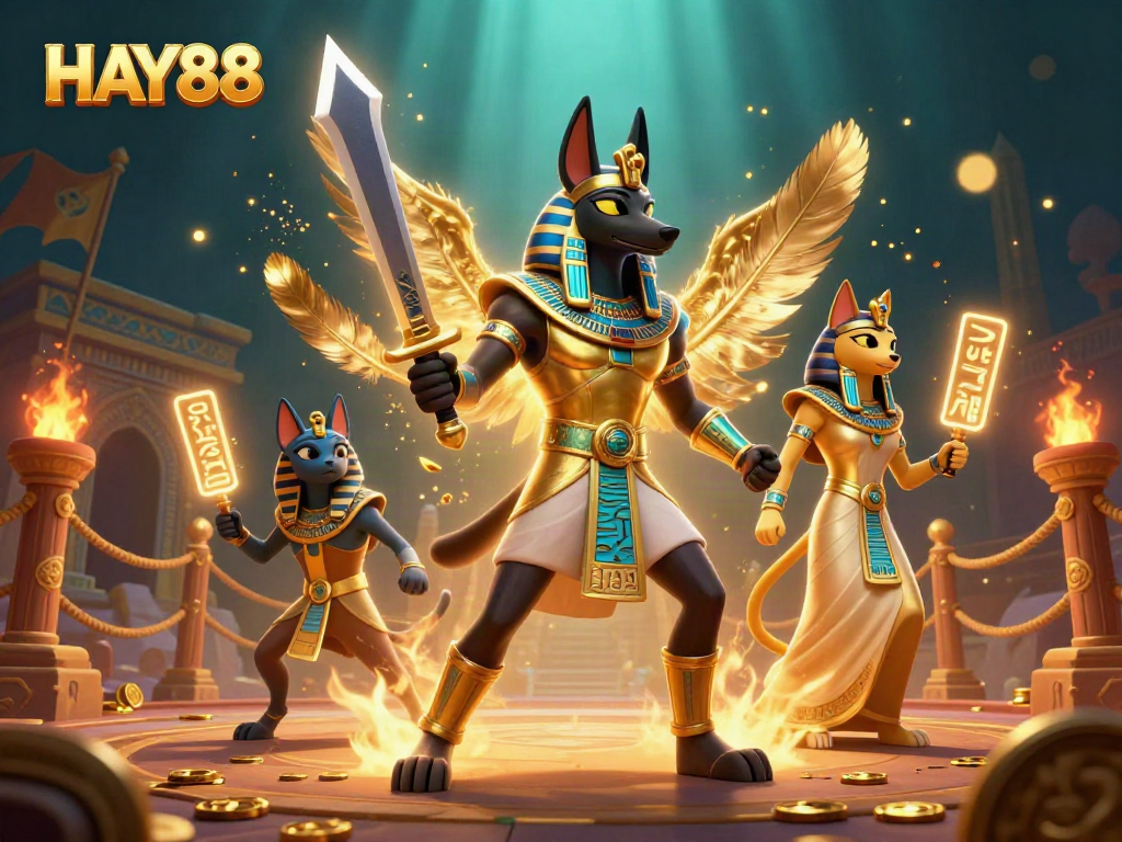 Engage in thrilling HAY88 gaming with Anubis and Bastet in a vibrant casino arena.