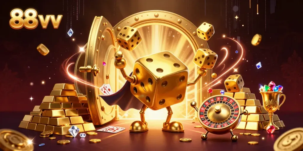 Engage with 88 vv at the vibrant casino illustration showcasing exciting gaming elements.
