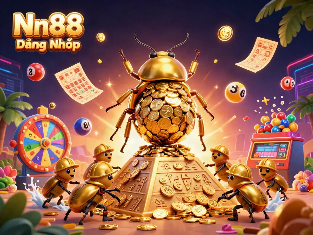 Engage with Nn88 Đăng Nhập through this dynamic illustration depicting a golden beetle rolling coins in a casino-themed adventure, highlighting excitement and luck.