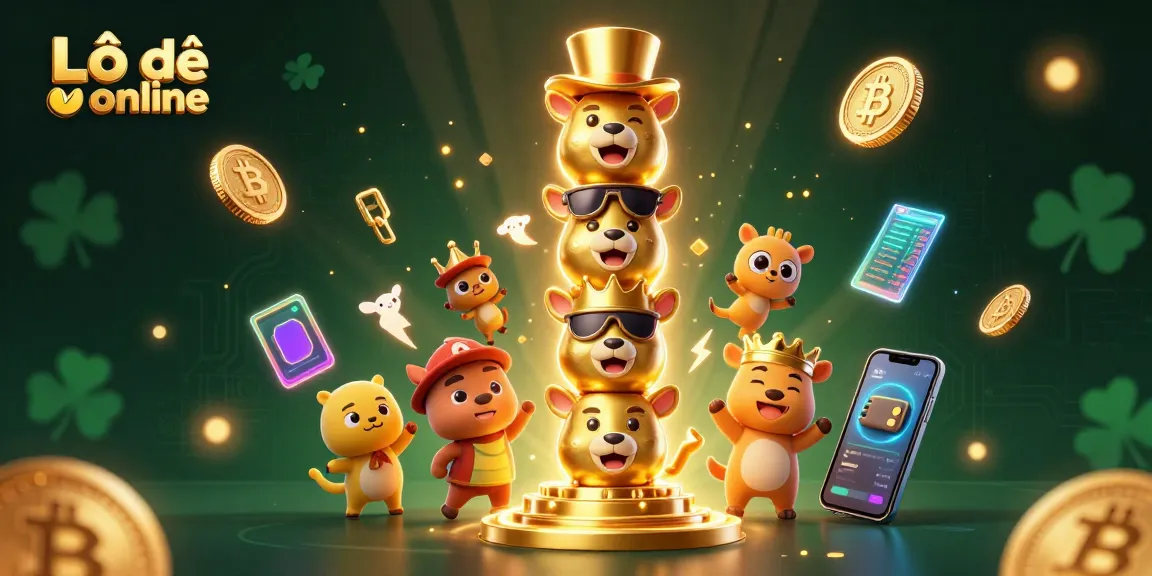 Lô đề online featuring a colorful cartoon totem pole with casino accessories surrounded by crypto-themed elements