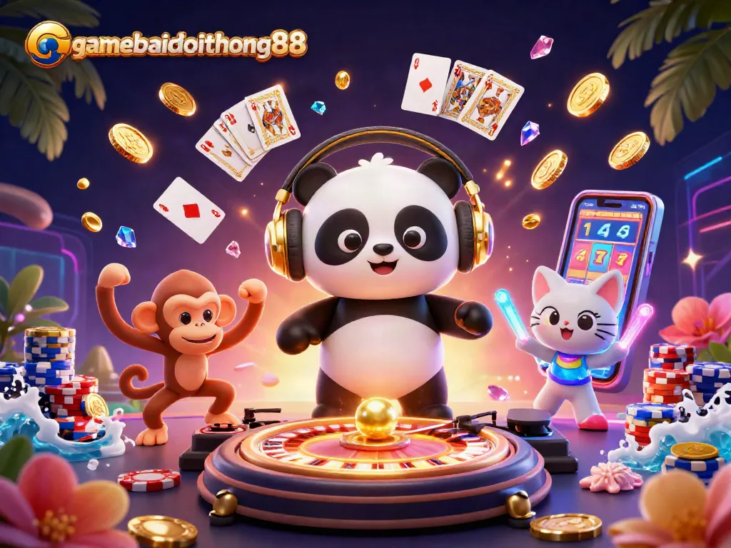 gamebaidoithuong88 celebrates with a DJ panda, breakdancing monkey, and kitten, amidst dynamic casino-themed elements.