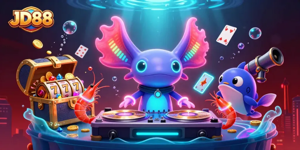 Experience JD88's vibrant casino scene with a DJ axolotl and animated sea creatures.