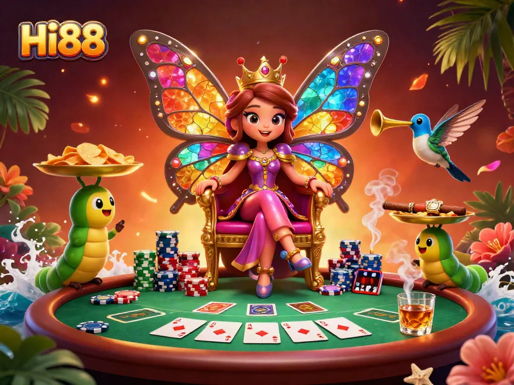 Experience the enchanting world of Hi88 with the butterfly queen amidst dazzling casino elements.