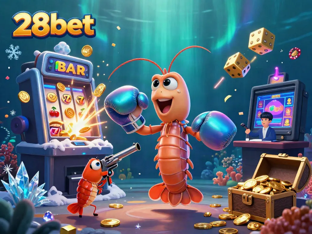 Experience the excitement of 28bet with vibrant characters, slots, and jackpot elements in a dynamic casino scene.