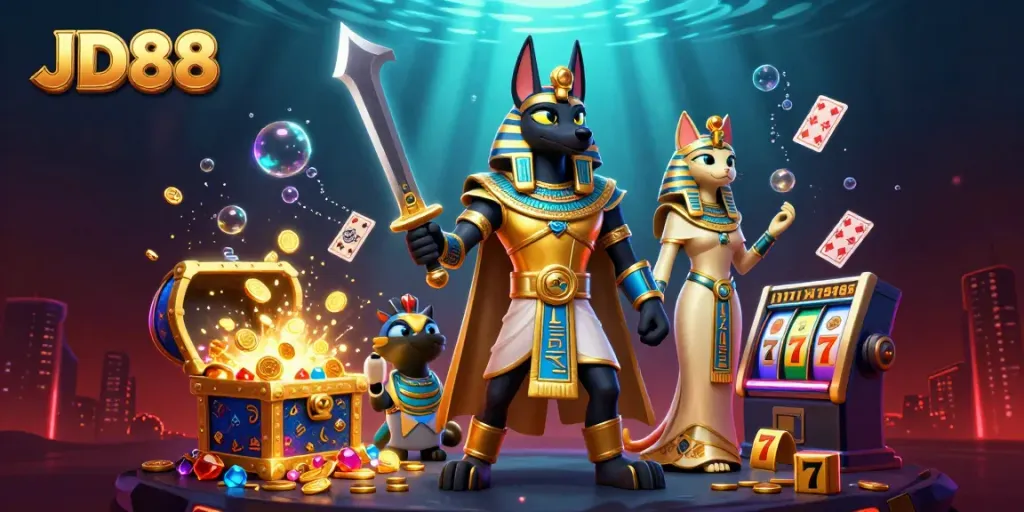Engage with JD88's vibrant casino scene featuring Anubis and Bastet among falling slot machine elements.