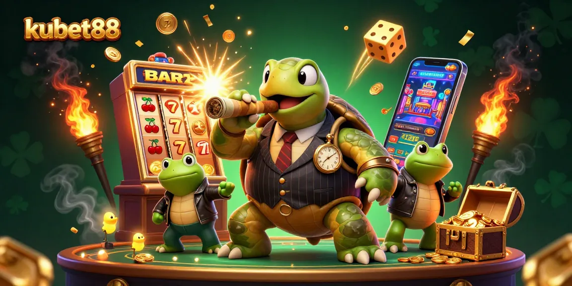 Experience vibrant casino thrills with kubet88 showcasing a turtle mobster and bullfrog enforcers.