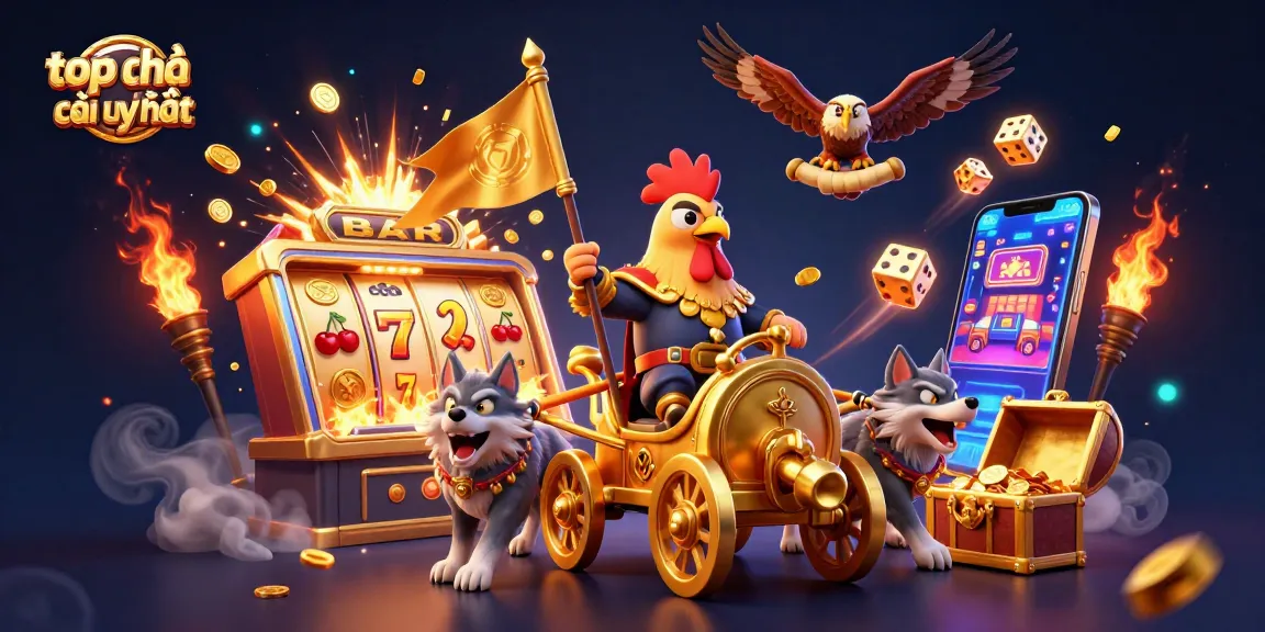 Experience top nhà cái uy tín with a dynamic illustration featuring a rooster warlord, golden symbols, and exciting casino elements.