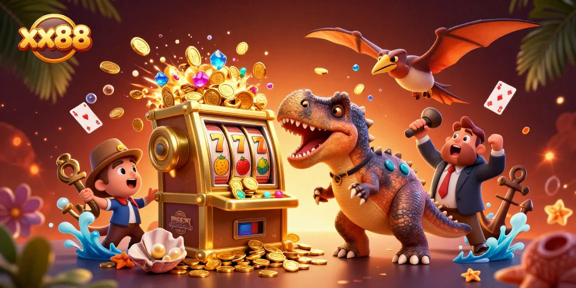 xx88 players enjoy jackpot excitement with a pachycephalosaurus winning coins from a golden slot machine.