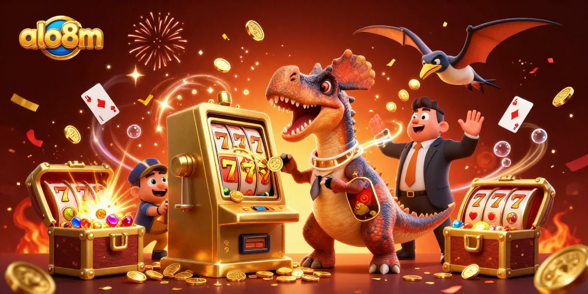 Alo8m showcases a pachycephalosaurus winning jackpot coins from a golden slot machine amidst a lively casino scene.