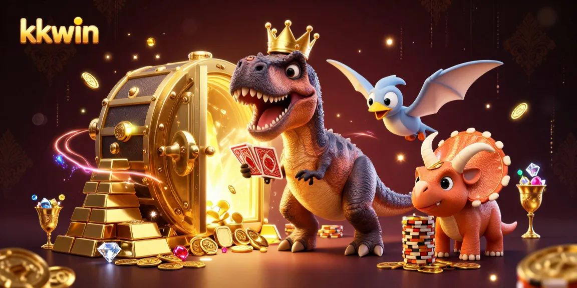 Engage with kkwin's vibrant gaming scene featuring a T-Rex shuffling cards and a triceratops stacking chips.