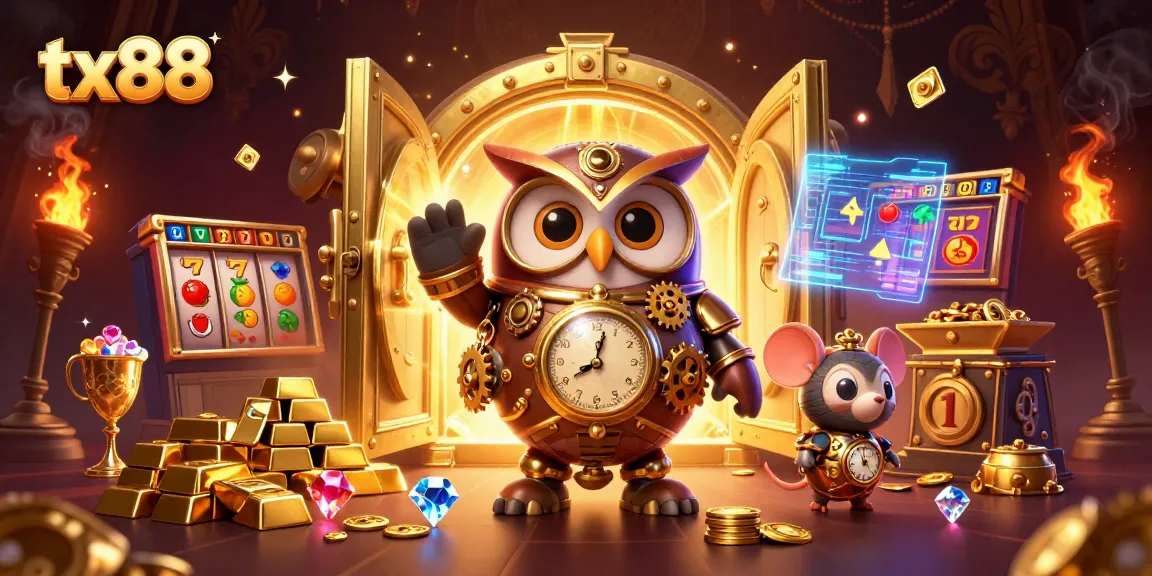 Experience thrilling slot games with tx88, featuring vibrant characters and treasures in a dynamic casino scene.