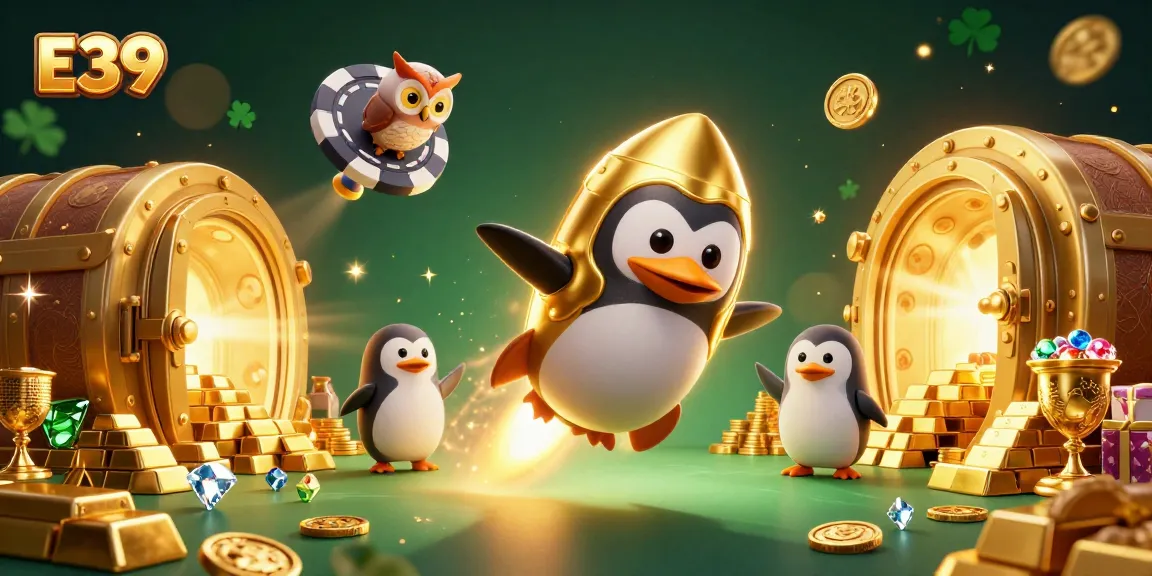 Experience thrilling wins with E39 as our golden penguin soars towards a casino space station.