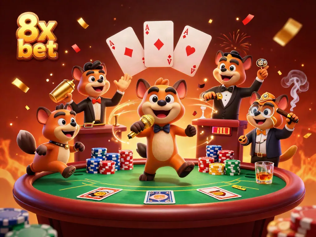 Join the fun at 8x bet's vibrant comedy casino club with hyenas entertaining and gaming.