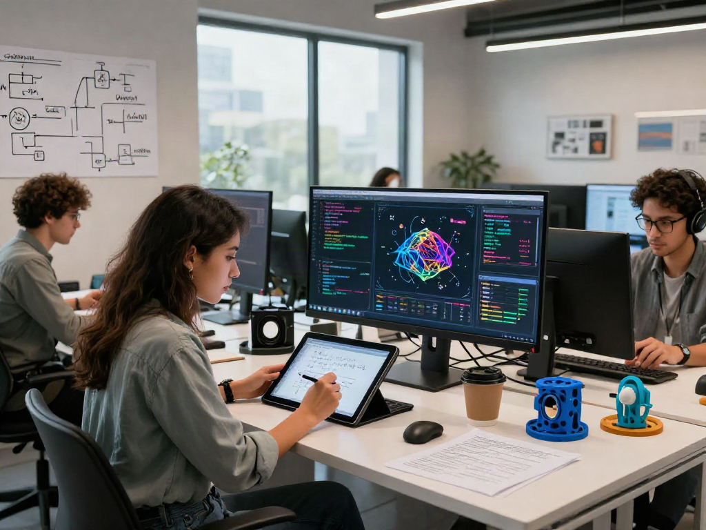 Team collaborating on nsfw ai projects in modern workspace with digital tools and vibrant data visualizations.