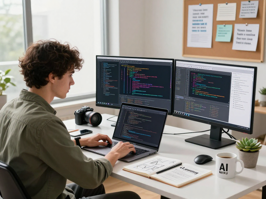 NSFW AI developer focusing on machine learning models in a vibrant workspace
