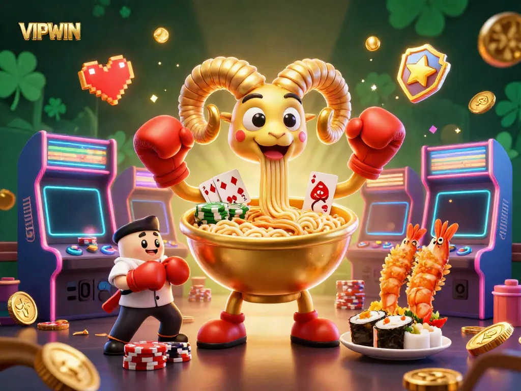 Experience the excitement at VIPWIN with a dazzling casino-themed scene featuring animated characters engaged in playful gambling activities.