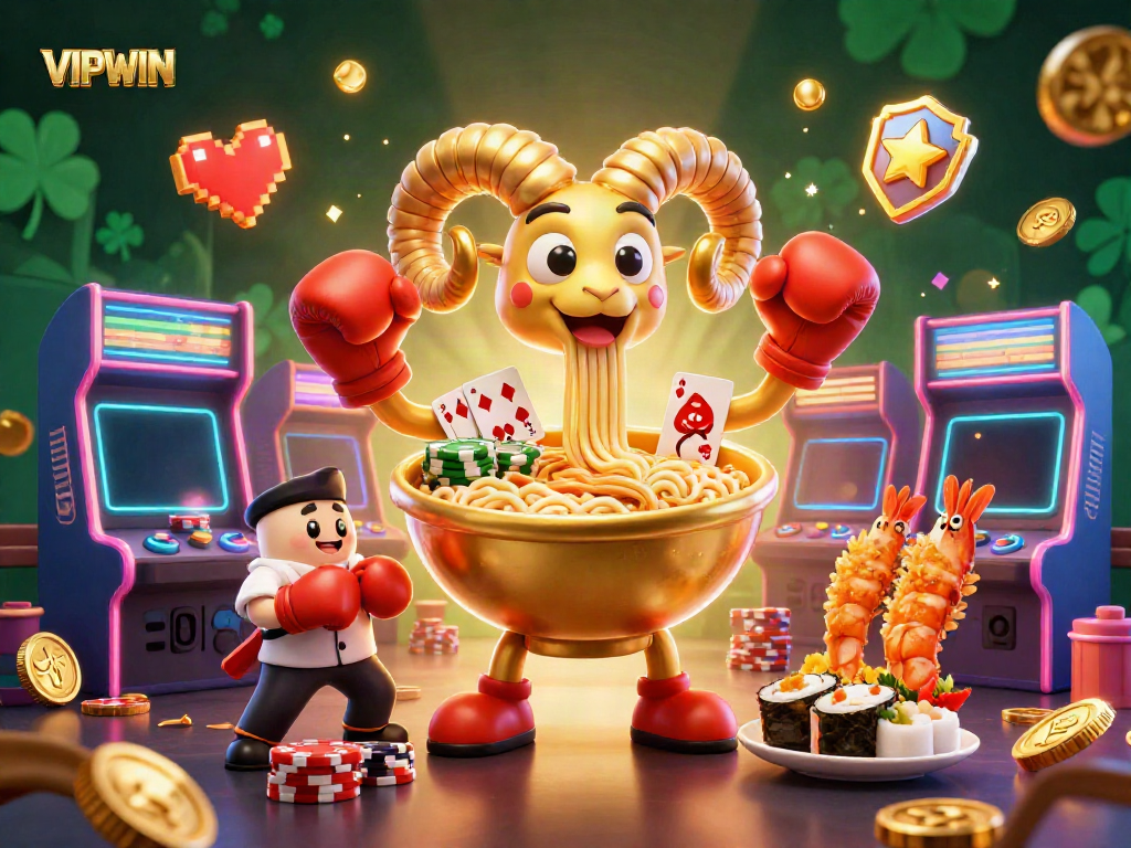Experience the excitement at VIPWIN with a dazzling casino-themed scene featuring animated characters engaged in playful gambling activities.