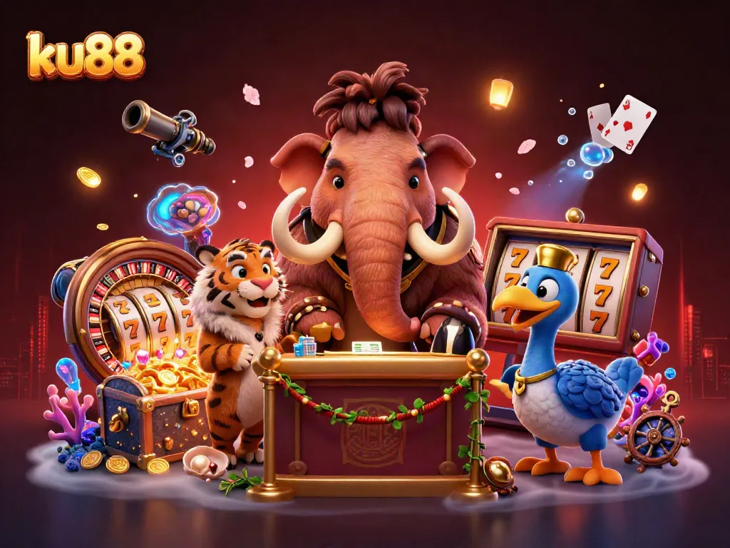 Feel the thrill with ku88 as a woolly mammoth bouncer checks IDs at a vibrant casino scene.