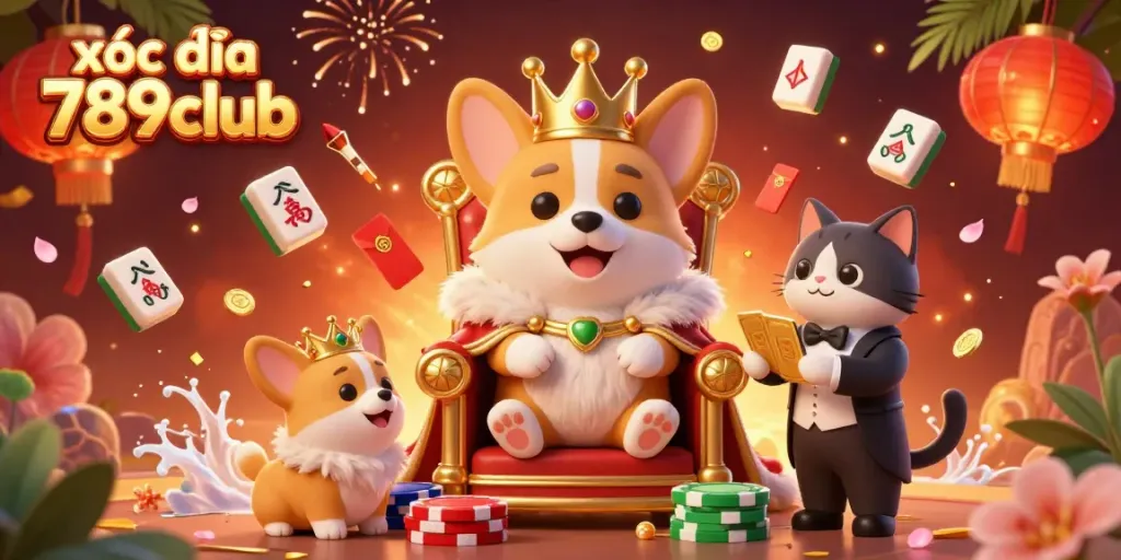 xóc đĩa 789club corgi theme with golden poker chips and festive lanterns